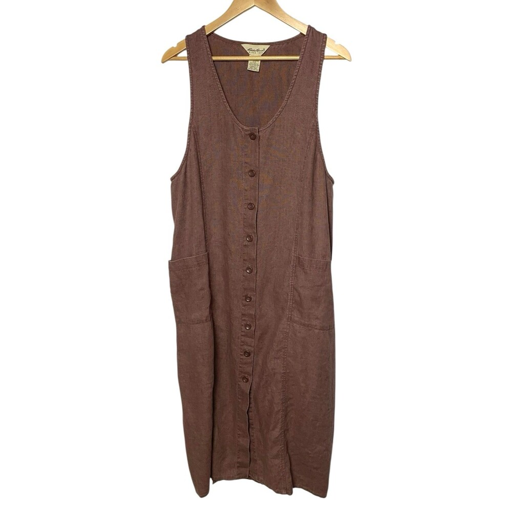 Eddie Bauer Linen Sleeveless Midi Dress S Mauve Pink Button Front Cottage 90s